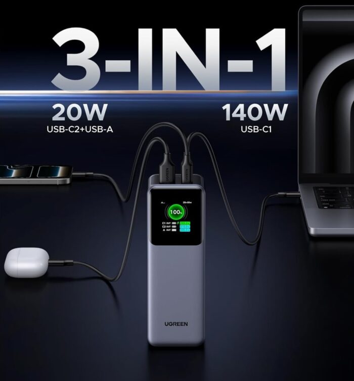 Cargador Portátil Ugreen De Alta Potencia 200W Con 3 Puertos y Batería De 25,000mAh - Imagen 2