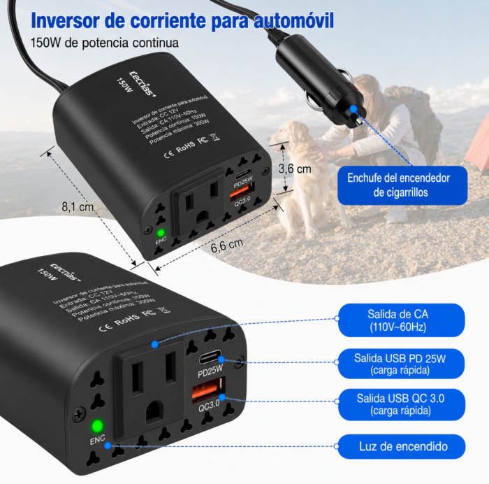 Convertidor De Vehículo 12v a 110v 150W - Imagen 3